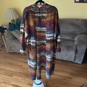 Duster length multi-color striped cardigan (does contain 10% wool)